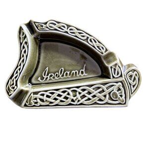 Vintage Ashtray Knock Pottery Green Ireland Celtic Pattern Harp Shape u